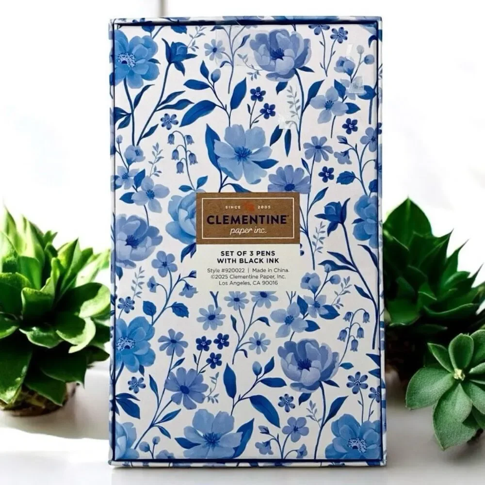 NWT Gorgeous Clementine set of 3 Floral Blue & Gold Pens with Black Ink Gift Set